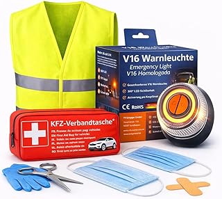 3 in1 Set – mit V16 Warnleuchte 2026 & Warnweste & Verbandskasten Auto Erste Hilfe für Auto – Au…