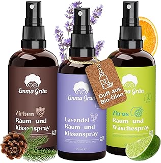 Emma Grün® Raumspray & Kissenspray Set 3x 100ml [BIO-QUALITÄT] – Ätherische Öle Geruchsneutr…